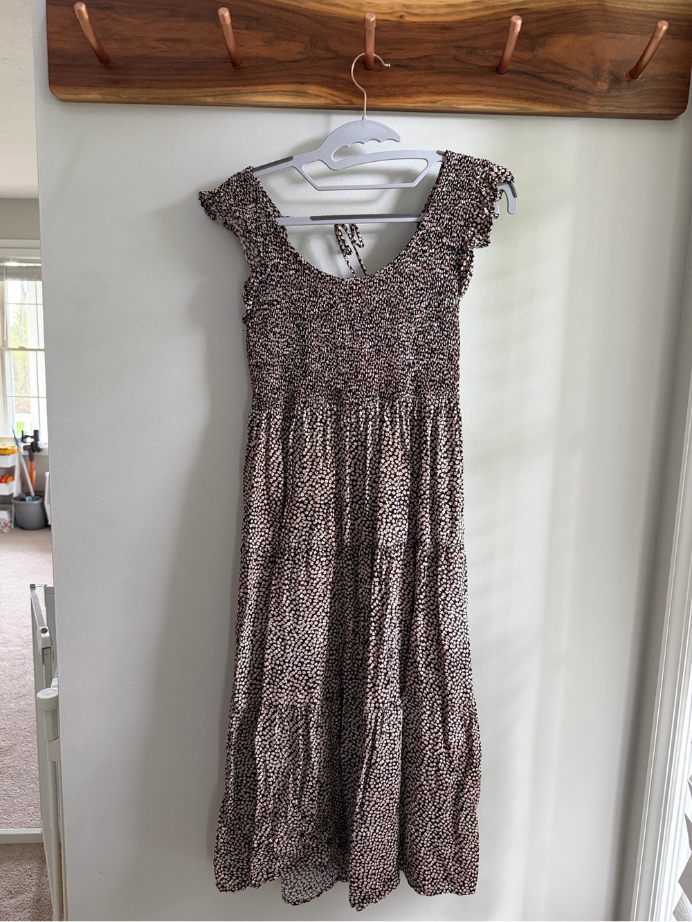 Smocked Tiered Maxi Dress in Brown and Cream Floral (maternity friendly!)